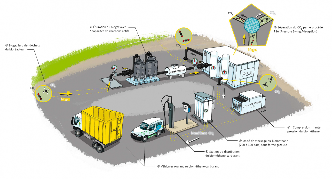 Schéma de fonctionnement de la station biométhane-carburant de Trifyl - Illustration S. Anfray